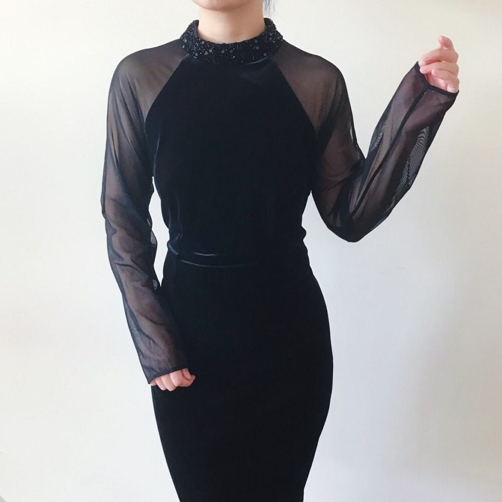 Vintage Dress Little Black Velvet Lace Midi Formal Cocktail Evening Gown Mesh Beaded Size M/L