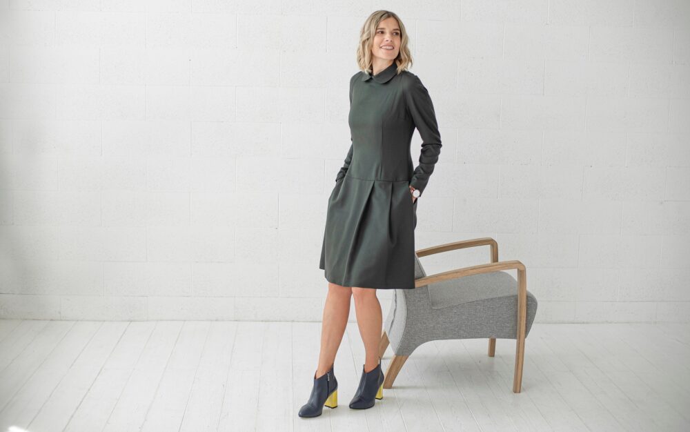 Dark Green A-Line Dress - Midi Wool Long Sleeve Winter Classic Collared Business Formal Work Wear