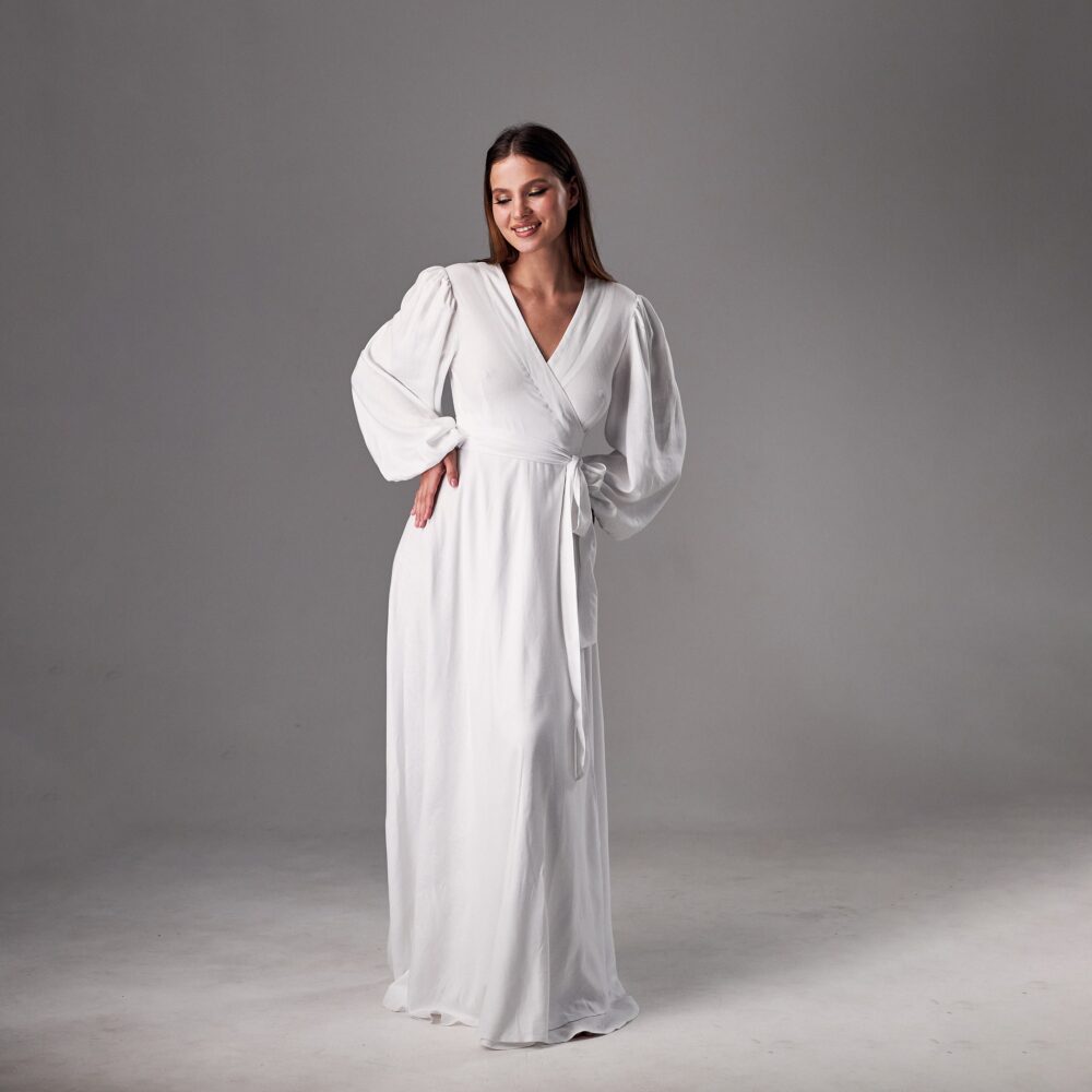 White Long Sleeve Dress, Linen Long Wrap Bell Linen Wedding Wrap Dress For Women