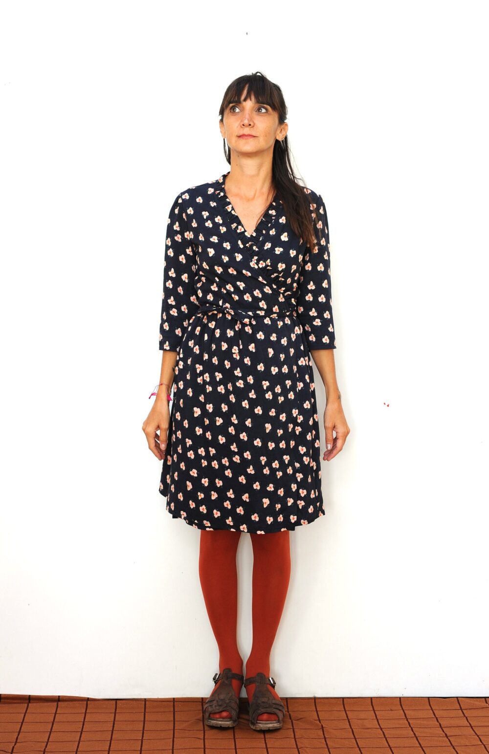 Last Piece | Only Size S LeftNatural Vintage Viscose Blue Flower Print Wrap Dress[Trieste Dress/Flowers in Dark Blue]