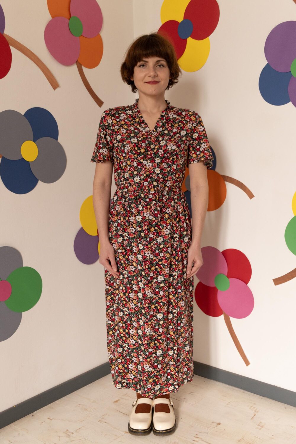 Natural Vintage Viscose Multicolor Flower Print Wrap Dress [Trieste Dress/Multicolor Flowers]