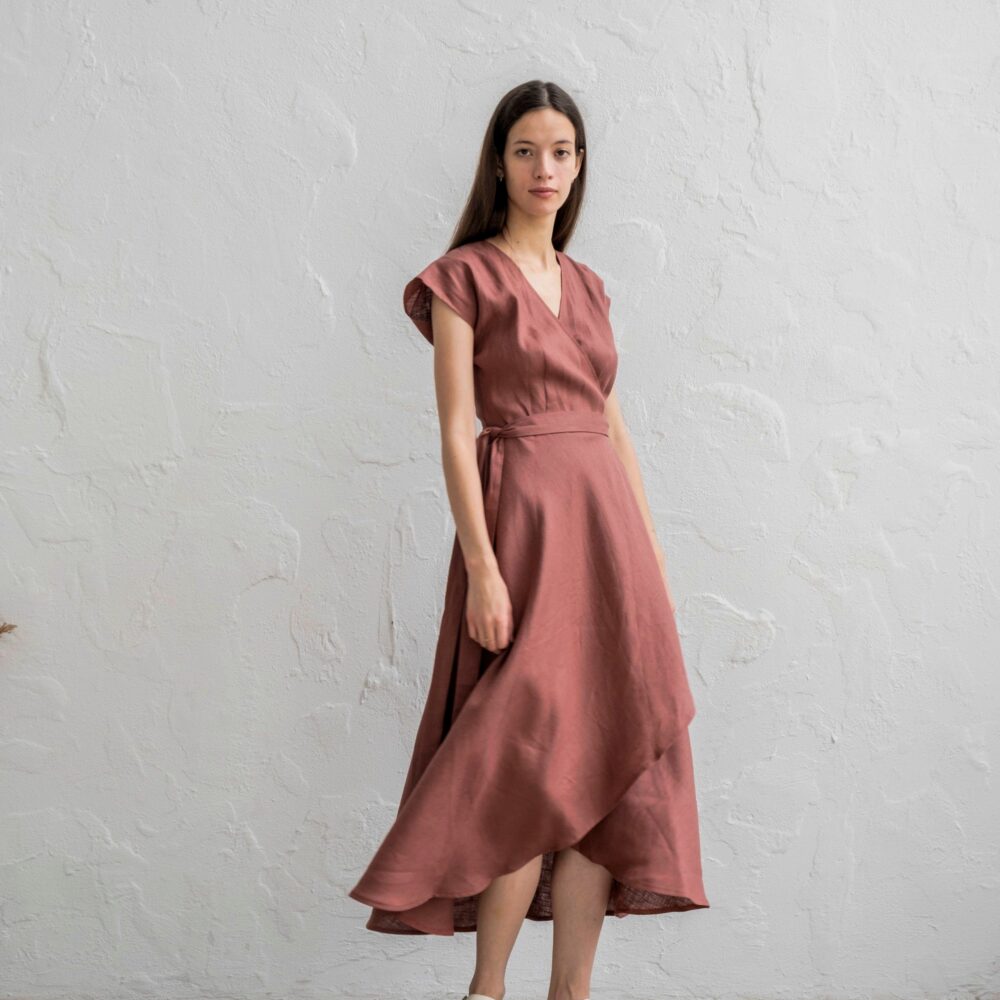 V Neck Wrap Dress, Kimono Wrap Dress Bridesmaids, Linen Short Sleeve, Plus Size, Kimono