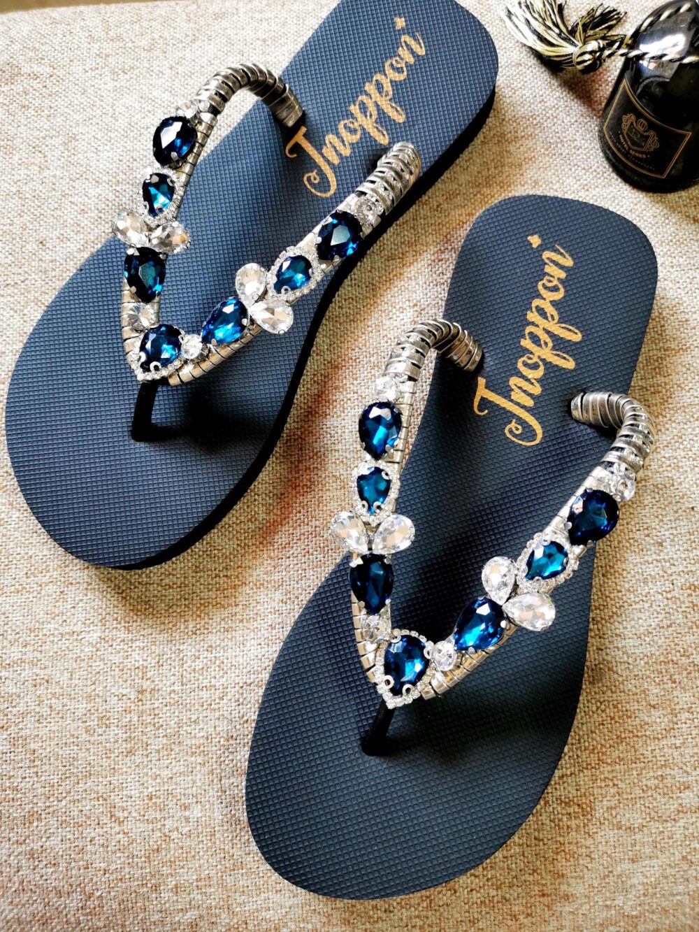 Jeweled Flip Flops, Bling Flip Flops, Black Sandals For Woman, Wedding Sandals, Beach Wedding Rhinestone