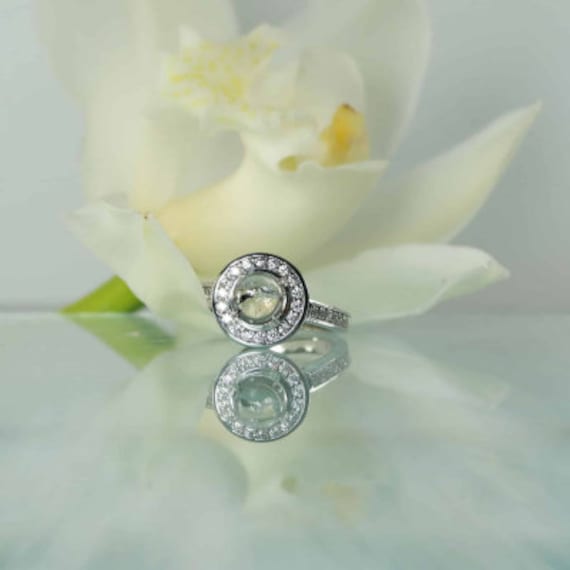 Round Engagement Ring, Cabochon Cut Halo Herkimer Diamond Ring