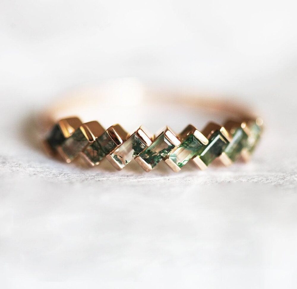 Moss Agate Ring, Green Wedding Band, Unique Gemstone Alternative Engagement Organic Ring