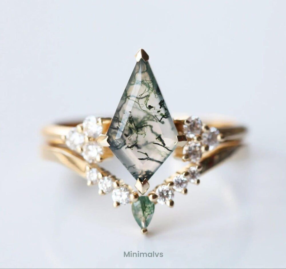 Moss Agate Engagement Ring Set, Diamond Wedding Band, Unique Mossy Ring, Green Geometric Set