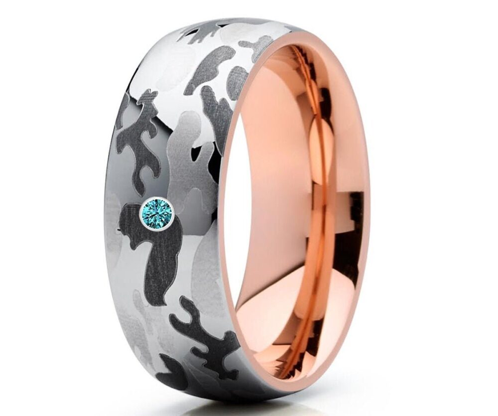 Blue Diamond Wedding Ring, Blue Ring, Tungsten Carbide Ring, Engagement Ring, Unique Tungsten Ring, Camouflage Band, Hunters Ring