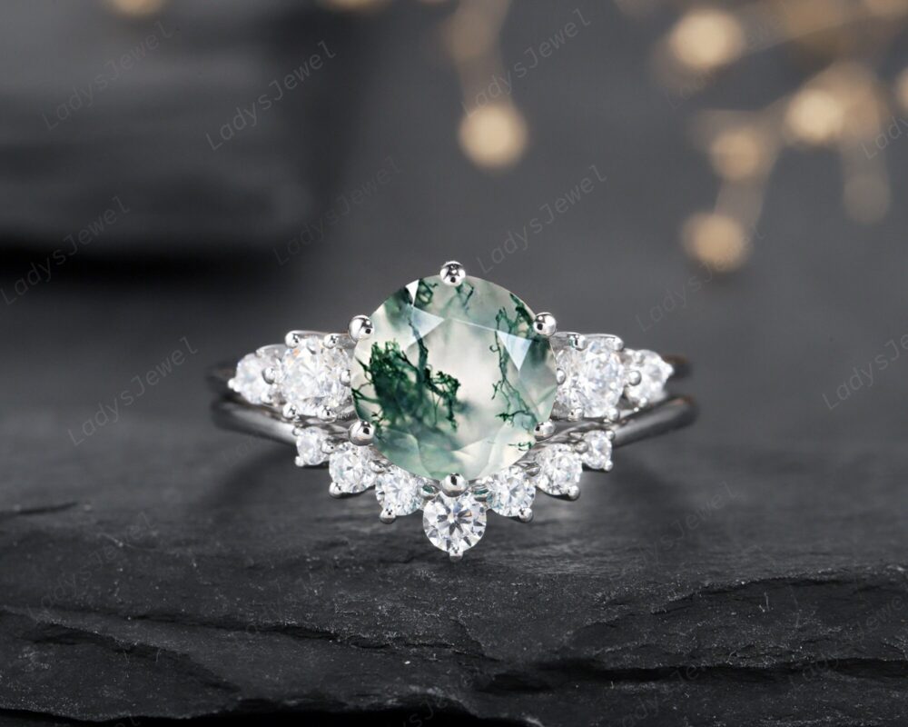 Round Moss Agate Wedding Set, Vintage Natural Green Bridal 14K White Gold Mossy Engagement Ring Set Promise