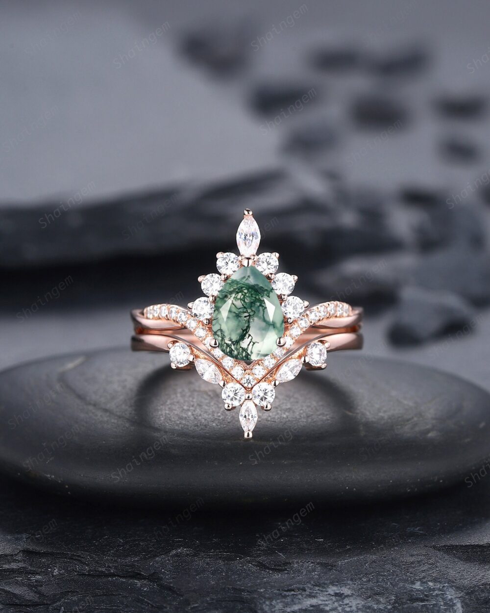 Vintage Moss Agate Halo Wedding Ring Set, Pear Cut 14K Rose Gold Engagement, Unique Mossy Bridal Set Promise For Her