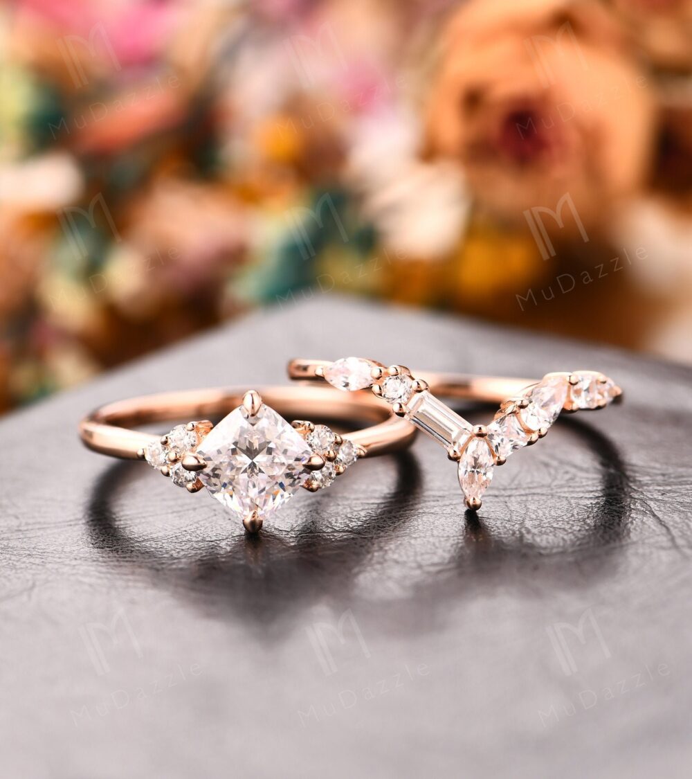 Moissanite Promise Ring Set// Mossy Bridal Accents 6mm Cushion Cut Simulated Diamond Engagement Ladies Gold