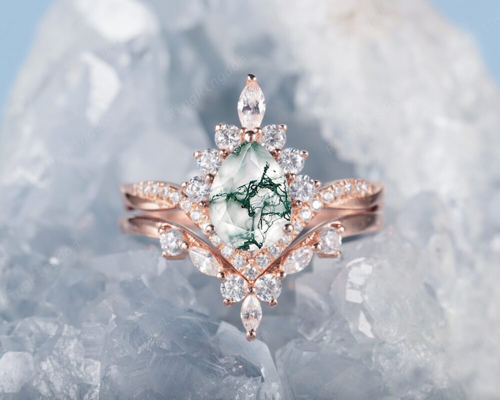 Pear Cut Mossy Agate Bridal Set, Unique 14K Rose Gold Chevron Moss Wedding V Shaped Green Engagement Promise Halo Ring Set