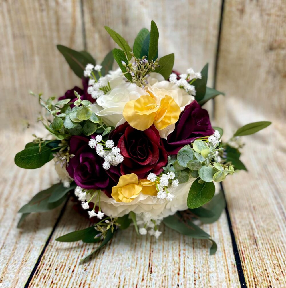 Burgundy Plum Yellow Wedding Bouquet, Wine Eggplant Canary Bridal Marigold Sangria Cream Rustic Roses Eucalyptus Bouquet