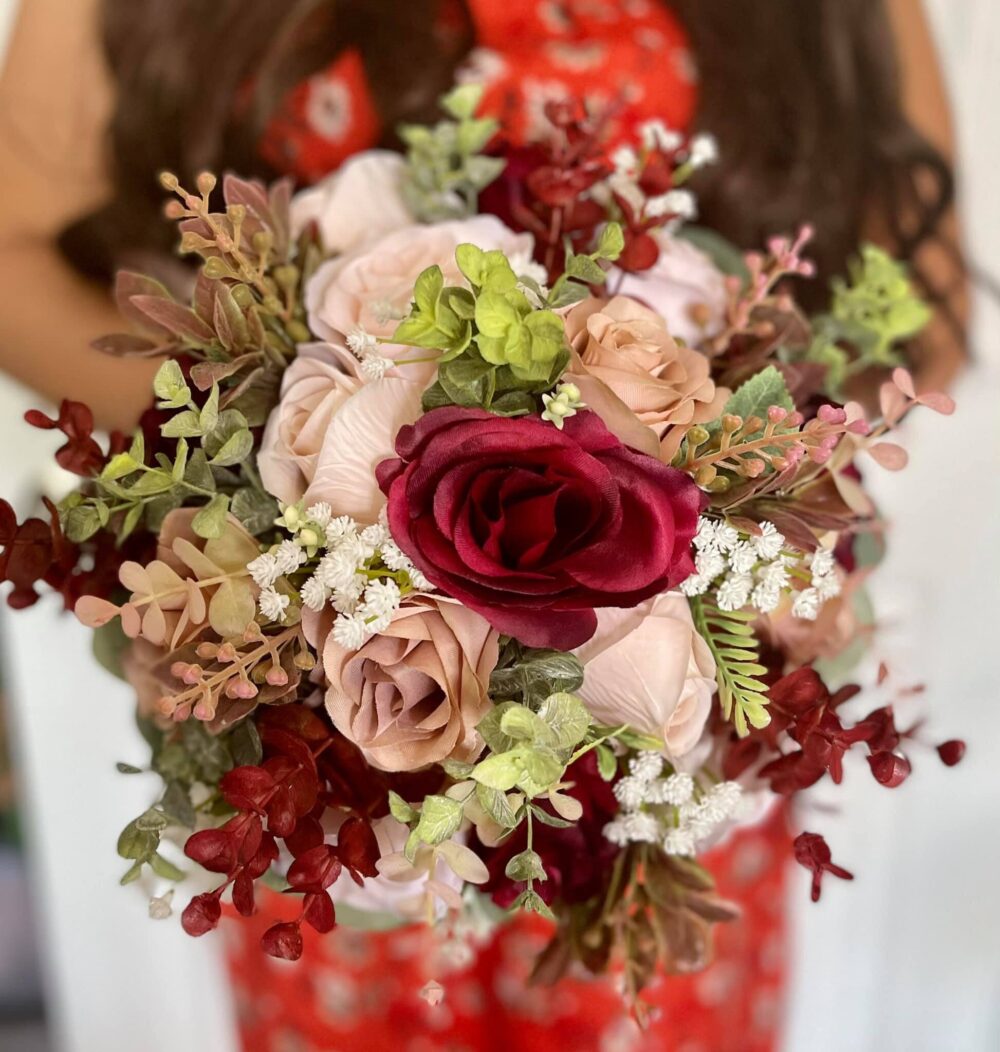 Burgundy Blush Rose Gold Wedding Bouquet, Wine Bridal Rustic Bridesmaid Boutonnieres