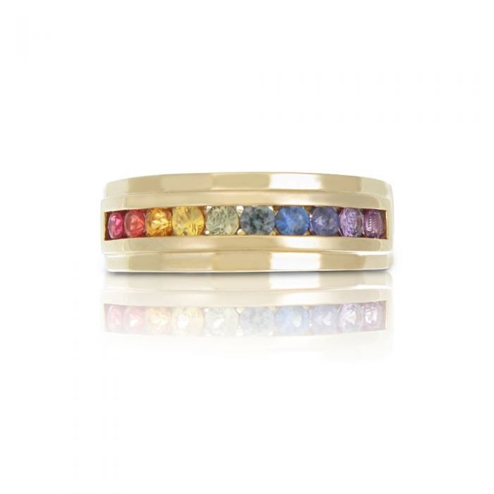 Mens Gold Ring Solid Yellow Wedding Band Sapphire Channel Set Top Quality Engagement R1350-Yg