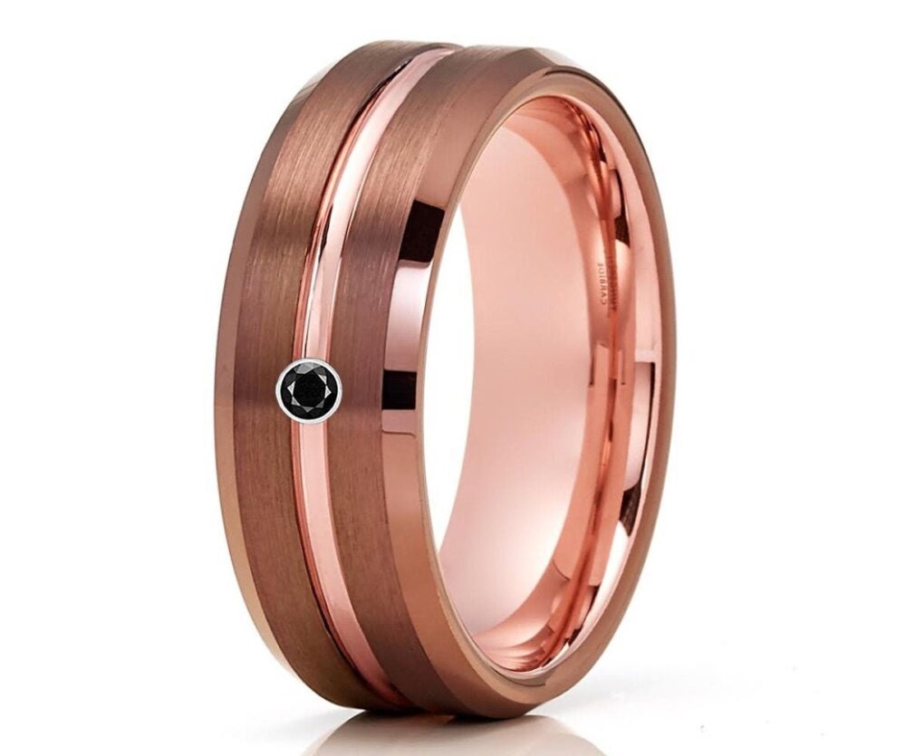Black Diamond Wedding Ring, Rose Gold Tungsten Ring, Men's Band, Unique Band, Men's Ring, Espresso Band, Brush
