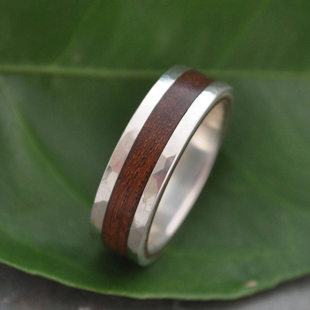 Hammered Wood Ring, Wooden Wedding Band, Inlay Mens Fifth Anniversary Ring
