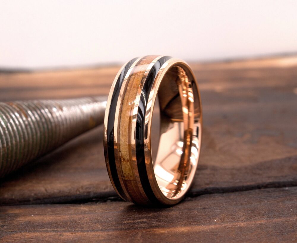 Wood Wedding Band - Tungsten Ring Mens 8mm Rose Gold