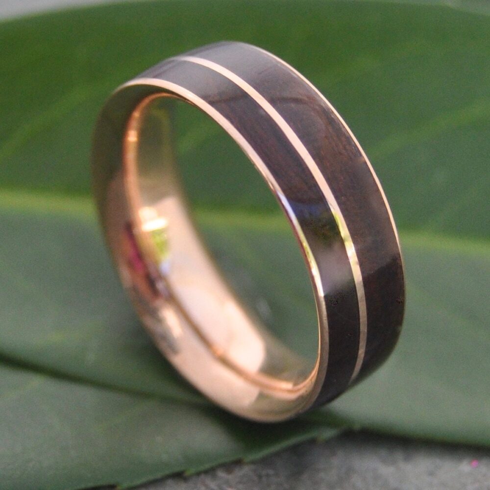 Rose Gold Wood Wedding Band, Asi Ring, Recycled Mens Wooden Comfort Fit Ring