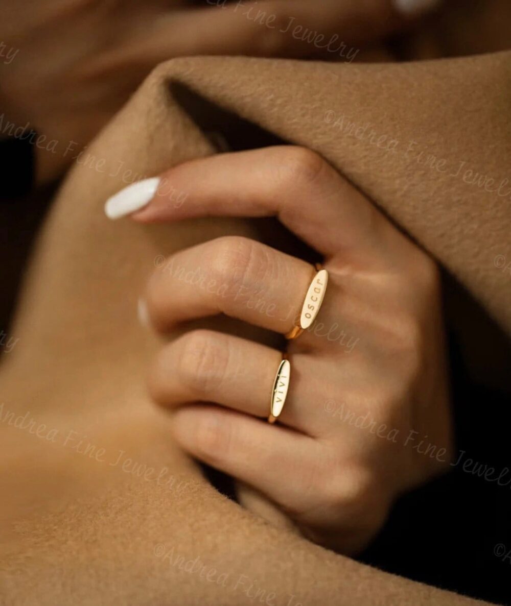 14K Real Gold Customizable Name Ring, Engraved Promise Skinny Nameplate Personalized Stackable Band, Sweet Sixteen Birthday Ring