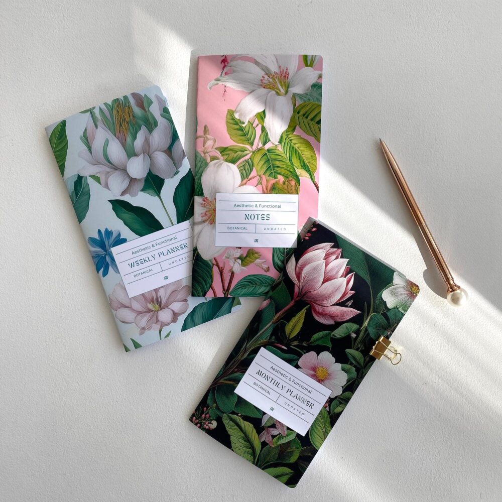 Set Of 3 Travelers Notebook Insert. Planner Undated | "Botanical" Weekly, Monthly, Notes Standard Size 4, 33 X 8, 2 In