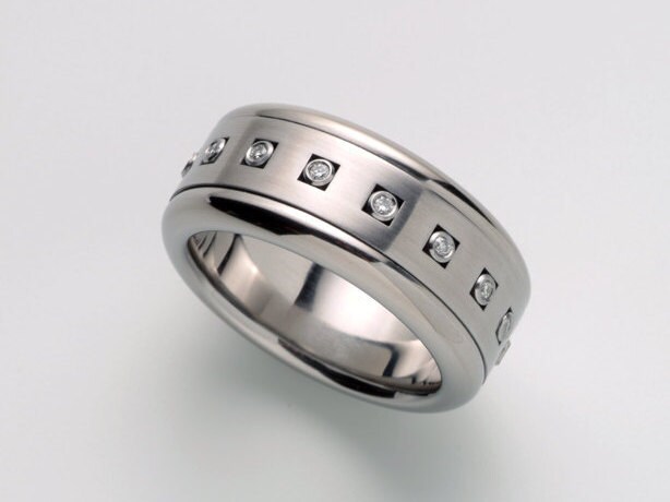 Men's Engagement Diamond Spinner Fidget Ring, Male Band Ring Stainless Steel, Rustic Gear Cool Jewelry