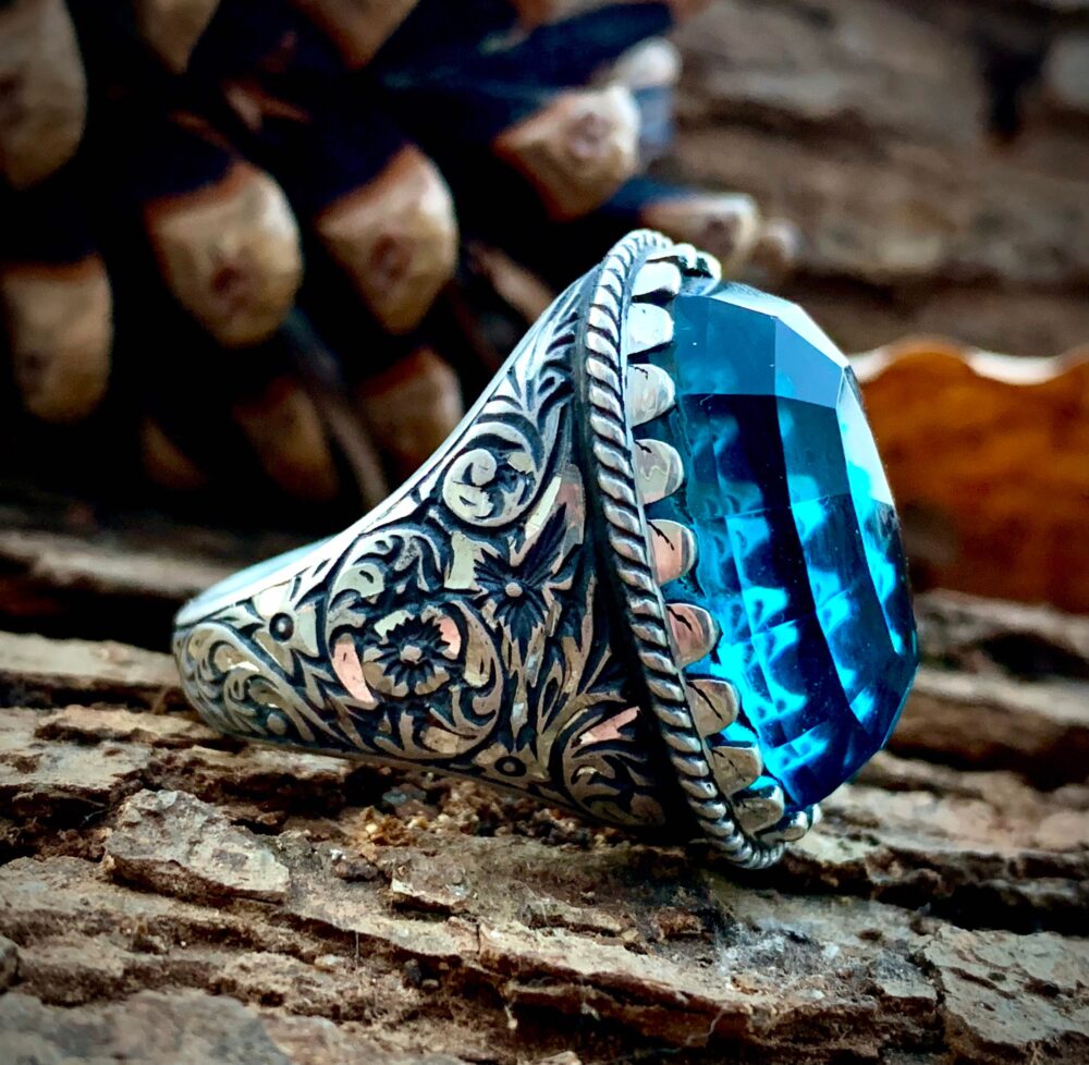 Mens Handmade Ring, Engraved Men March Birthstone Aquamarine Gift For Him, 925K Silver Christmas Gift, New Year Gift