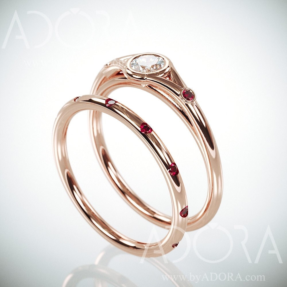 Handmade Rose Gold Ruby Bridal Rings Set | 14K Wedding Ring With & Charles & Colvard Moissanite Engagament Ring