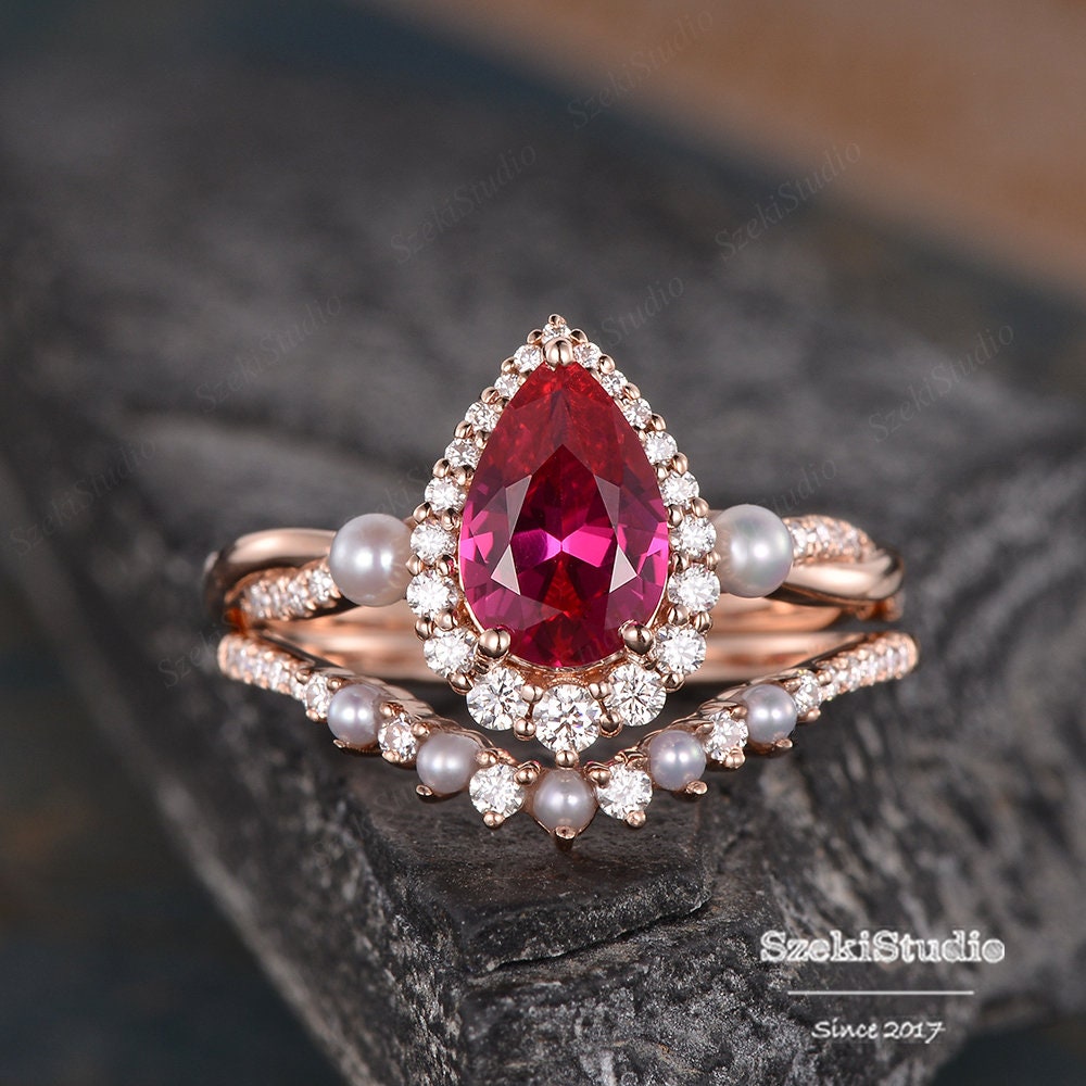 Pearl Ruby Engagement Ring Set Rose Gold Women Pear Shaped Lab Bridal Halo Infinity Diamond Wedding Jewelry 2