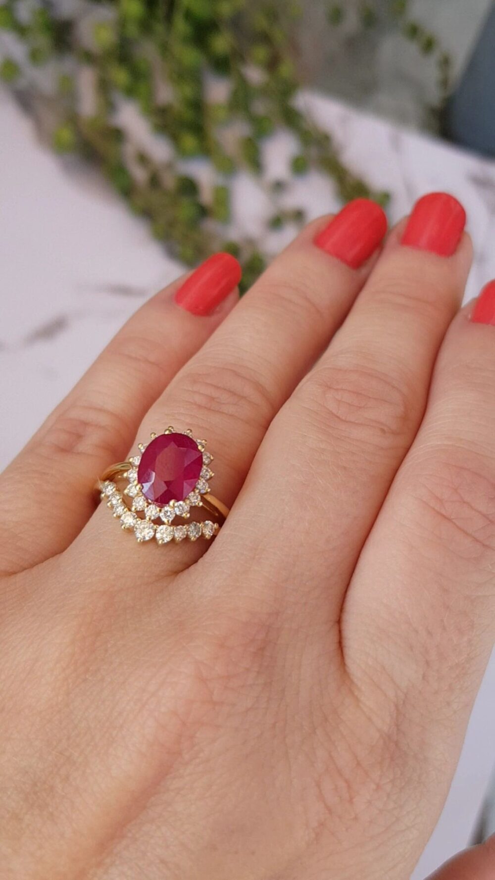 Bridal Ring Set, 14K Gold Ruby Ring, Art Deco Diamond Jewelry, Engagement Set
