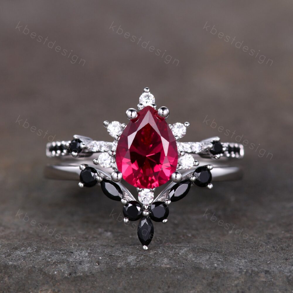 Pear Shaped Ruby Engagement Ring Set Unique Vintage Black Spinel Women Silver Wedding Rings Art Deco Stacking Band Bridal Promise