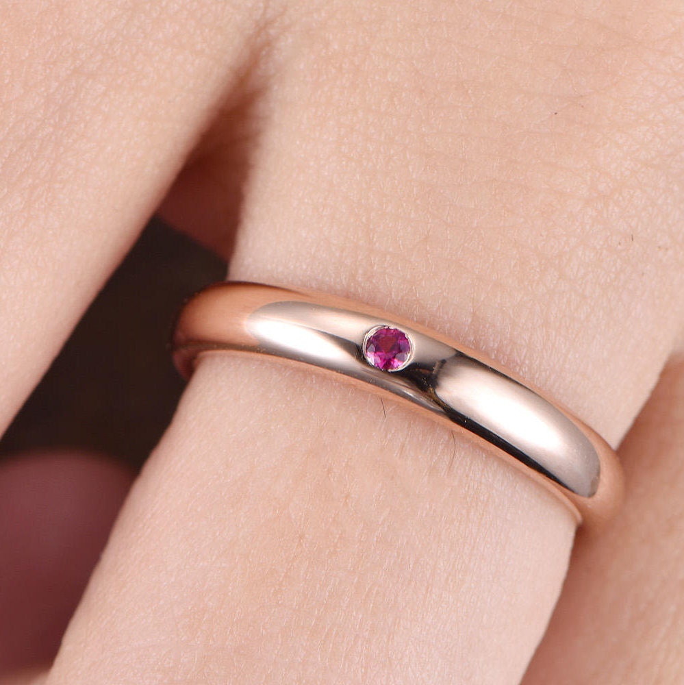 14K Rose Gold Ruby Ring Plain Band Engagement Ring Promise Bridal Stackable Ruby Jewelry