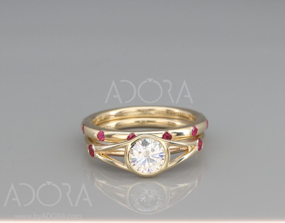 Handmade 14K Gold Floating Ruby Bridal Rings Set | 14K Wedding Ring With & Charles & Colvard Moissanite Engagament Ring