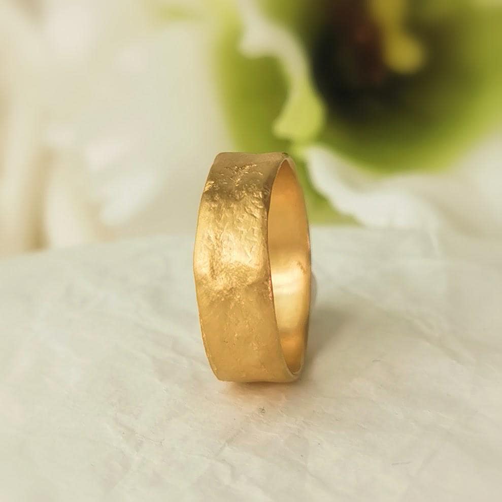 Men's 22K Gold Wedding Band, 6mm Hammered Band Ring, Unique Minimalist 22K