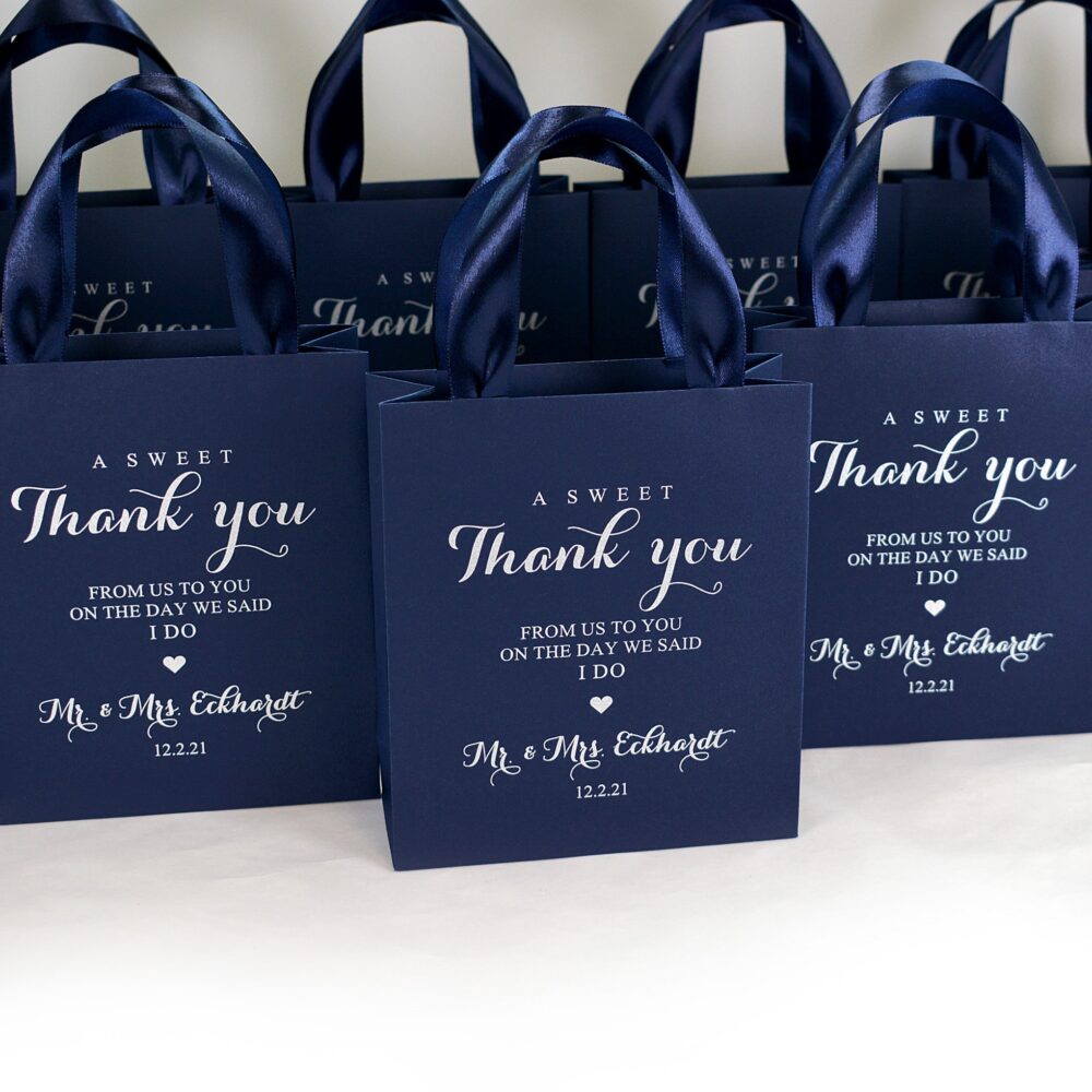 20 Navy Blue & Silver Wedding Favor Bags With Satin Ribbon Handles & Your Names A Sweet Thank You Favor Personalized Mr Mrs Gift Bags