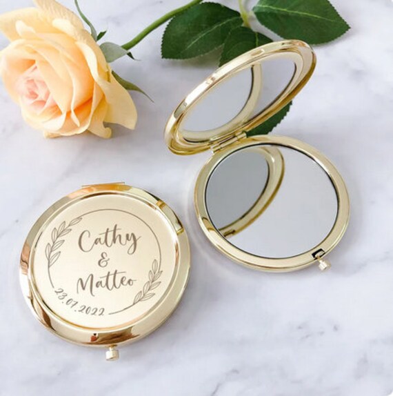 Personalized Gold Compact Mirror, Custom Mirror Bachelorette, Wedding Custom Gift, Wedding Favor For Guests, Personalized Baby Shower