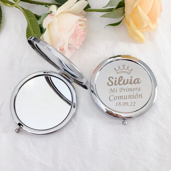 Personalized Silver Compact Mirror, Custom Mirror Bachelorette, Wedding Custom Gift, Wedding Favor For Guests, Personalized Baby Shower