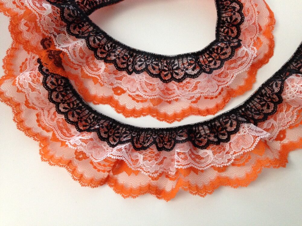 Black White & Orange Triple Ruffled Lace Trim, Costumes, Fall Halloween Crafts Decorative Lace, 3 Tier Trim