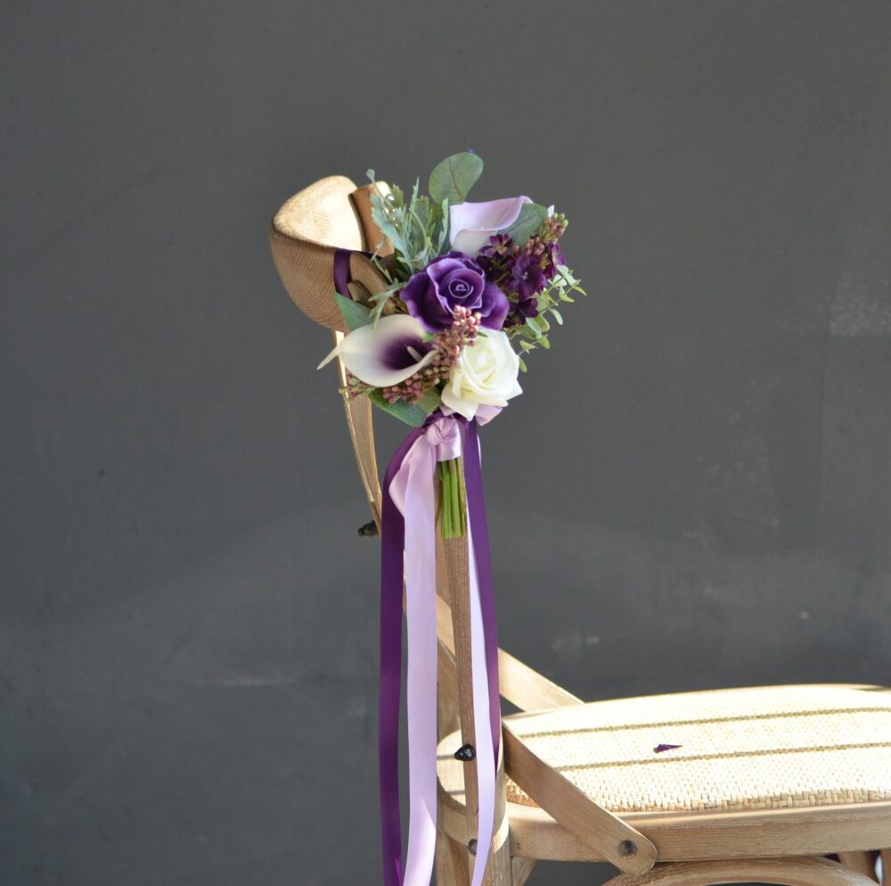 Aritificial Purple Wedding Aisle Decoration, Pew Flowers, Real Touch Calla Lilies, Roses, Lilac Chair Decor Flowers