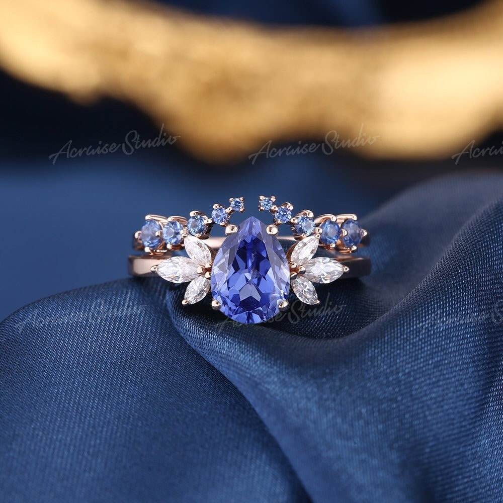 Pear Cut Cornflower Sapphire Engagement Ring Set 14K Rose Gold Diamond Cluster Blue Open Wedding Band Art Deco Bridal