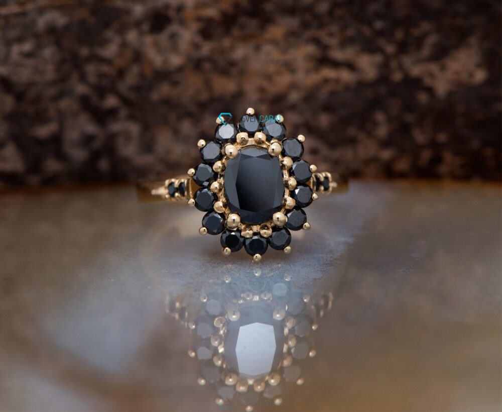 Black Diamond Engagement Ring, Flower Jewelry, Art Deco Vintage Style Elegant