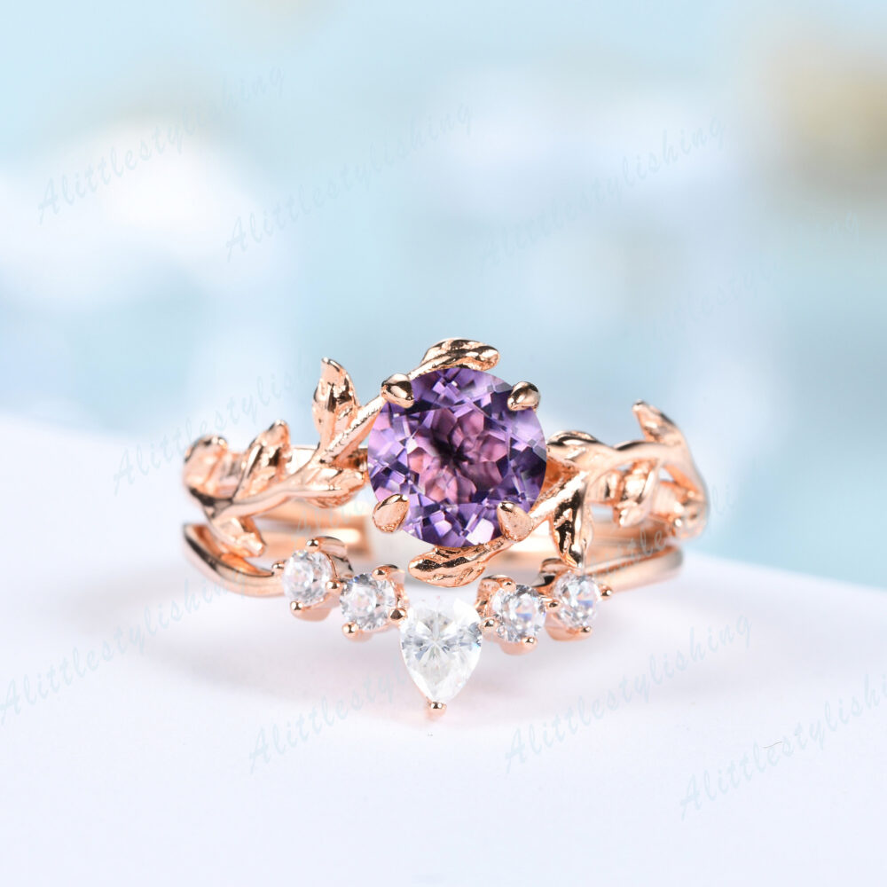Amethyst Vintage Engagement Ring Set Unique Pear Round Cut Moissanite Curve Wedding Band Twig Vine Leaf Bridal Antique Anniversary Rings
