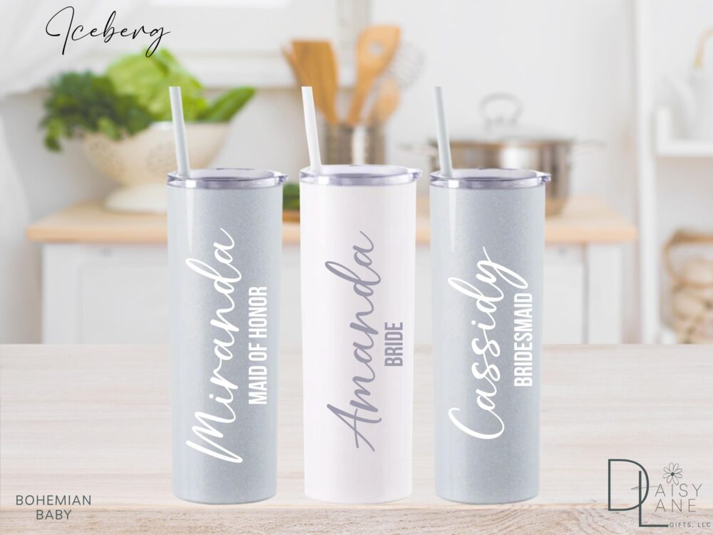Glitter Iceberg Tumbler, Personalized Cup, Skinny Stainless-Steel, Bridesmaid Customizable, Birthday Gift, Girls Trip, Water Bottle