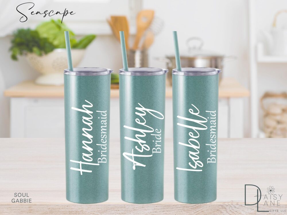 Glitter Seascape Green Tumbler, Personalized Cup, Skinny Stainless-Steel, Bridesmaid Customizable, Birthday Gift, Water Bottle
