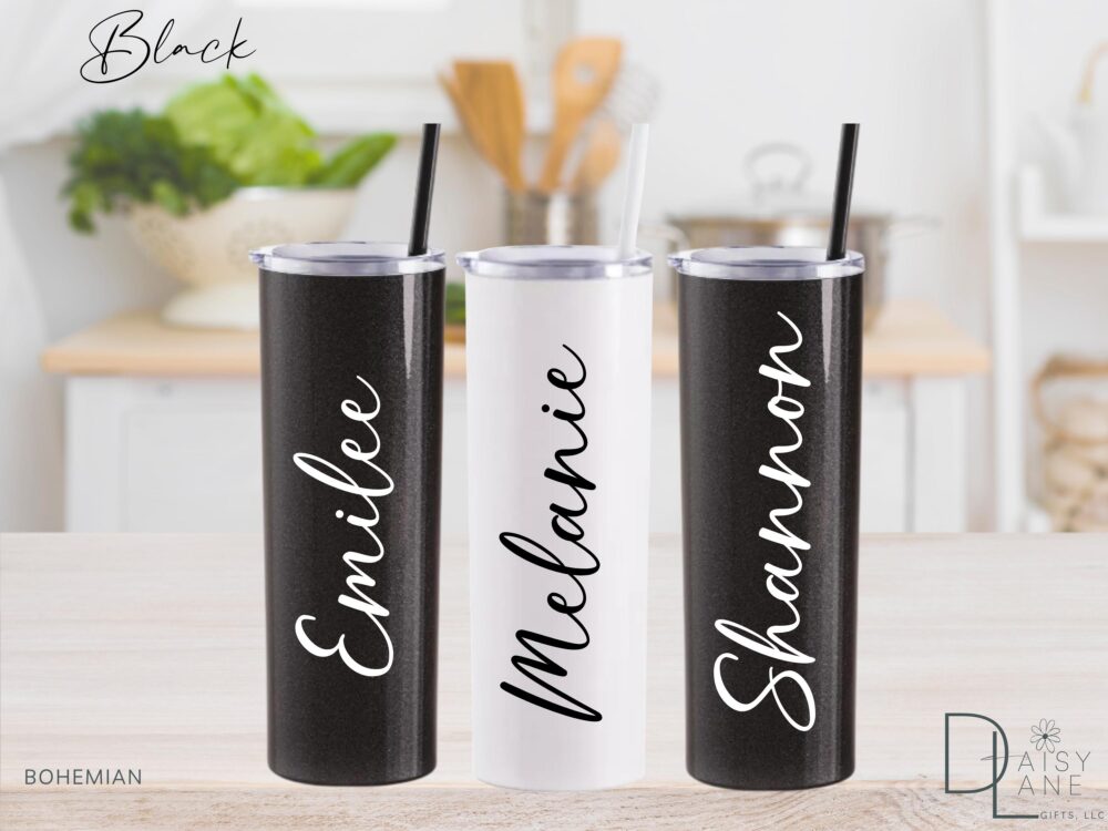 Glitter Black Tumbler, Personalized Cup, Skinny Stainless-Steel, Bridesmaid Customizable, Birthday Gift, Girls Trip, Water Bottle