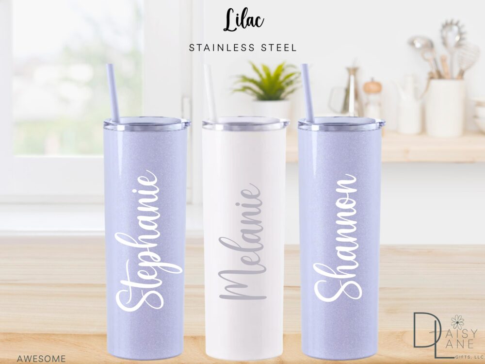 Glitter Lilac Tumbler, Personalized Cup, Skinny Stainless-Steel, Bridesmaid Customizable, Birthday Gift, Girls Trip, Water Bottle