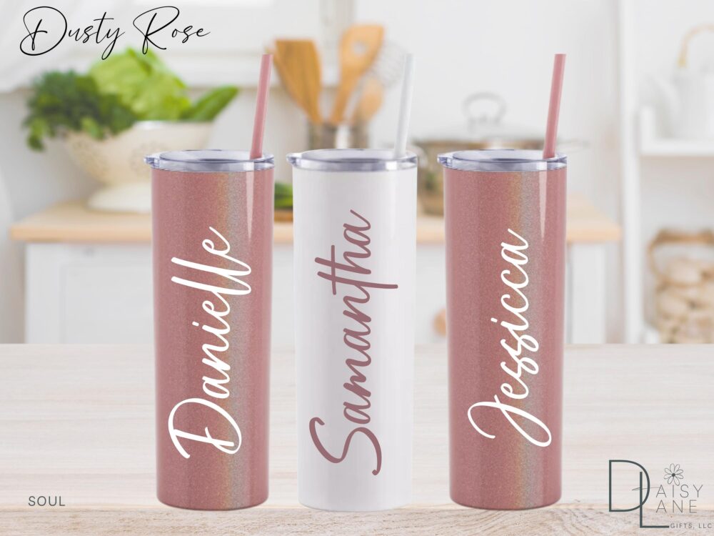Glitter Dusty Rose Tumbler, Personalized Cup, Skinny Stainless-Steel, Bridesmaid Customizable, Birthday Gift, Girls Trip, Water Bottle