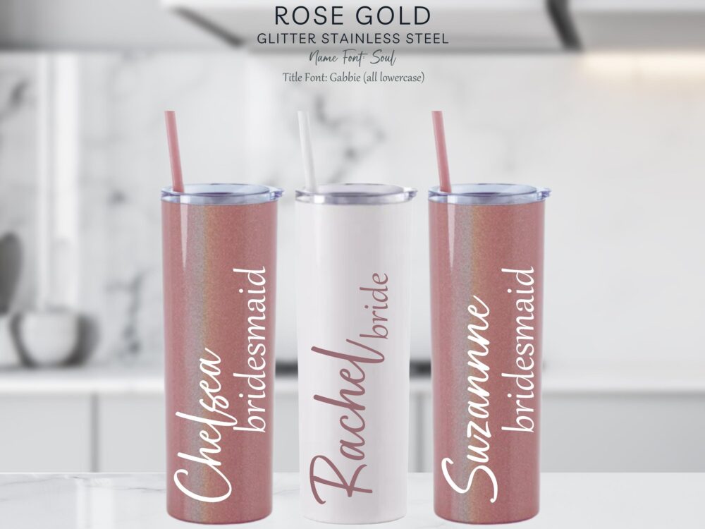 Rose Gold Glitter Stainless Steel, Personalized Skinny Tumbler, Bridesmaid Beach Cup, Customized Birthday Gift