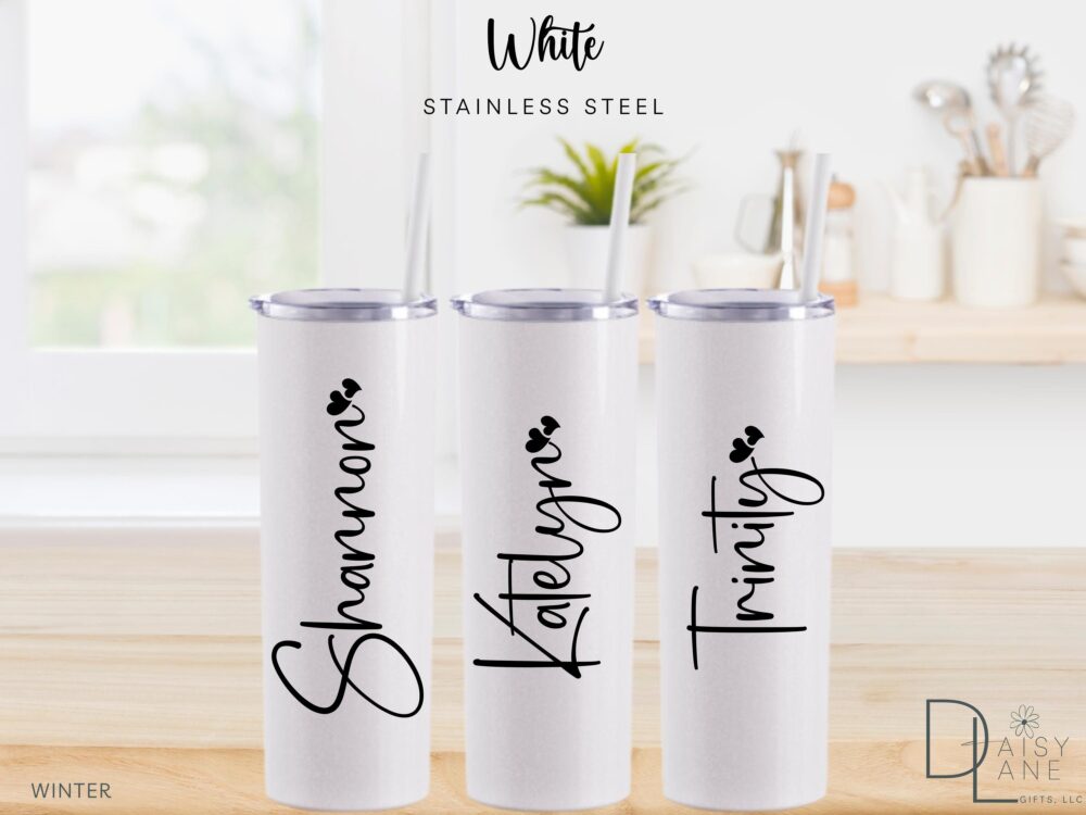 Glitter White Tumbler, Personalized Cup, Skinny Stainless-Steel, Bridesmaid Customizable, Birthday Gift, Water Bottle, Bride
