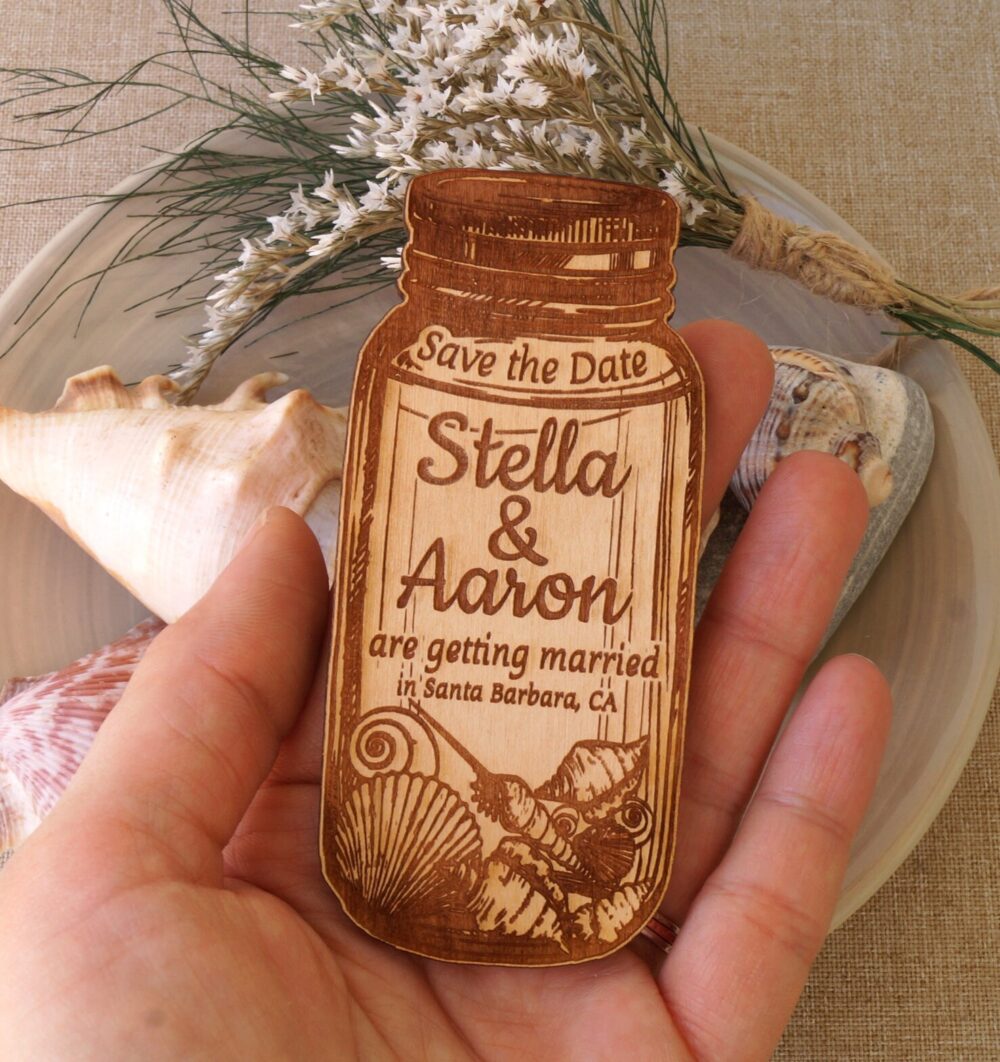 Save The Date Magnet, Beach Wedding Save Dates, Wooden Magnets, Rustic Mason Jar Seashell Design, 10 Pc