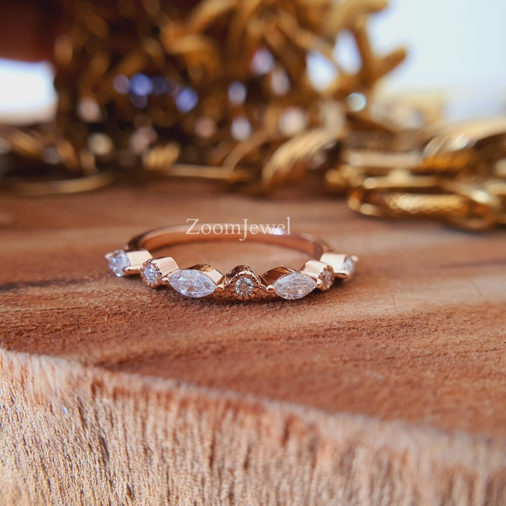 Half Eternity Wedding Ring Women| 14K Solid Gold Band Ring| Dainty Stacking Enhancer| Yellow Rose Matching